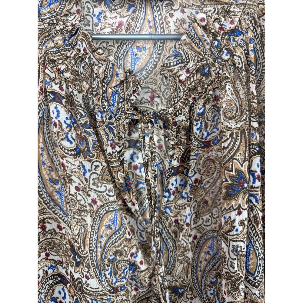 Zara blouse long sleeves tassels Beige Paisley Blouse with Blue & Brown Accents - Picture 8 of 12